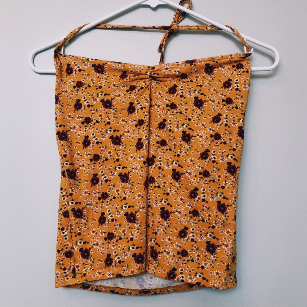 Forever 21 Yellow-Floral Cropped Halter-Top
